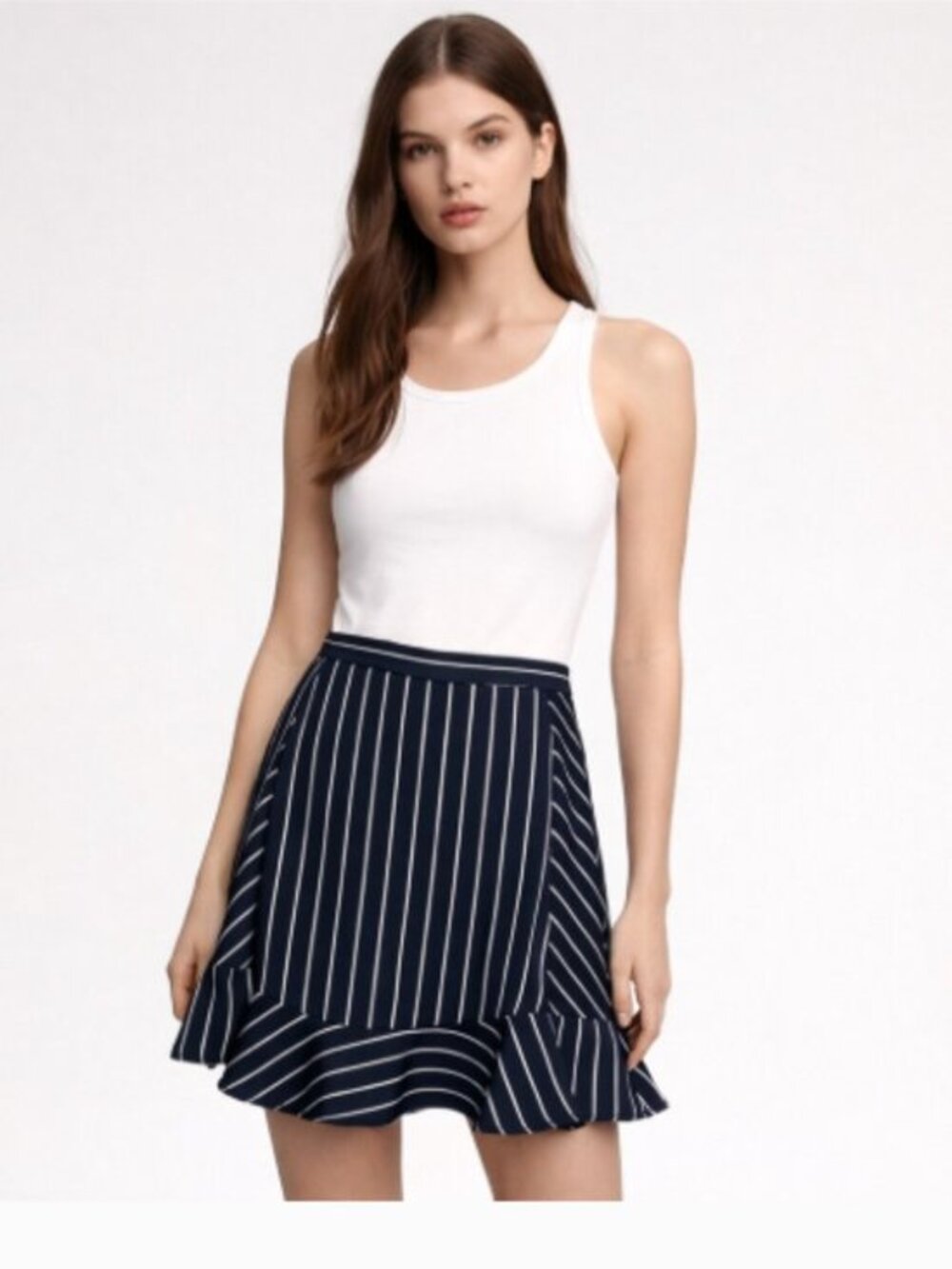 J. Crew Navy and White Pinstripe Ruffle Hem Mini Skirt size 6 NWT